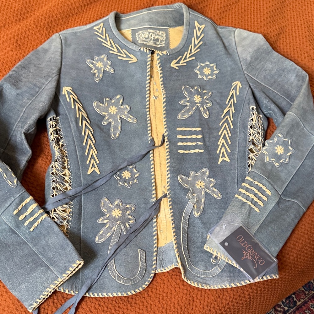 Old Gringo Blue Leather Jacket with Cream Embroidery